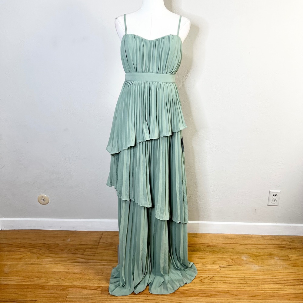 Lulu's Light Sage Pleated Tiered Spaghetti Strap Maxi Dress
